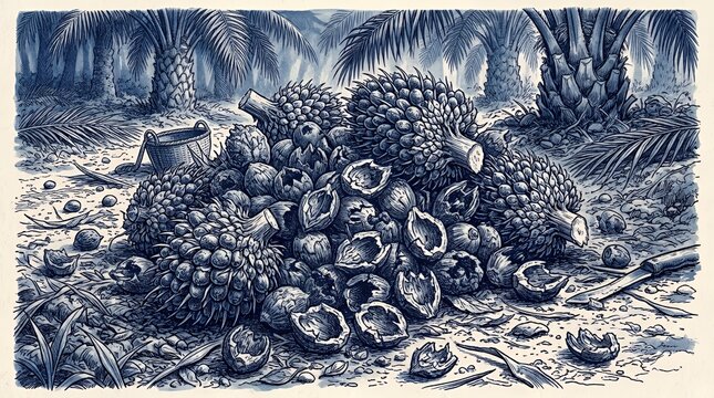 Piles of harvested palm oil fruit bunches.