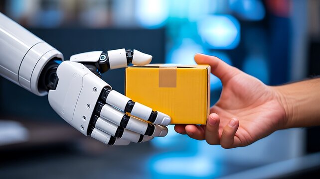 Robotic hand delivering a package to a human hand representing artificial intelligence automation and smart logistics