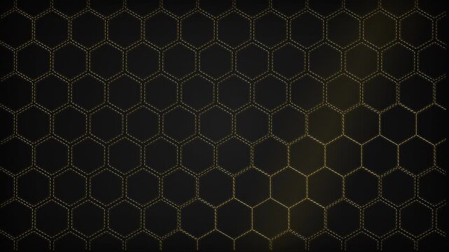 Golden hexagon grid pattern with glowing light sweep on dark background, perfect for tech backgrounds, luxury motion graphics and digital presentations
