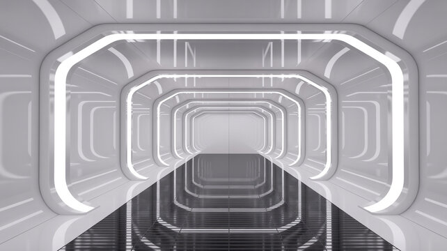 Futuristic white sci-fi corridor tunnel with glowing neon lights and reflective floor sci fi corridor futuristic reflective technology architecture interior
