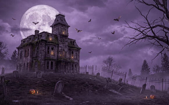 A spooky haunted mansion stands ominously under a full moon. The graveyard nearby is filled with tombstones and eerie bats flying in the night sky.