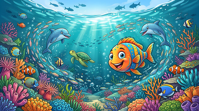 Colorful Underwater Coral Reef Scene with Tropical Fish and Marine Life