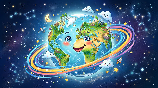 Cute Cartoon Earth with Smiling Face in Space