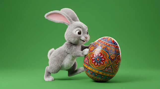 Cute grey rabbit celebrating Easter with decorated egg on green background