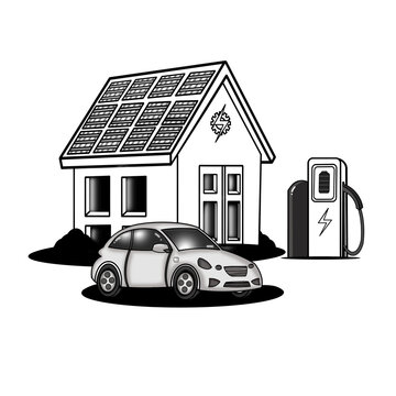 Solar panels power a modern home and electric car sits beside charging station. Simple lines, clean design, monochrome style. House symbolizes clean energy and sustainability. Ideal for eco friendly. 