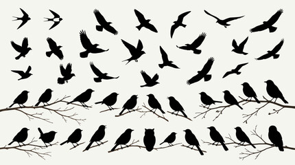 Fototapeta premium Bird vector silhouette icon set with black flying and perched sparrow symbols for nature design