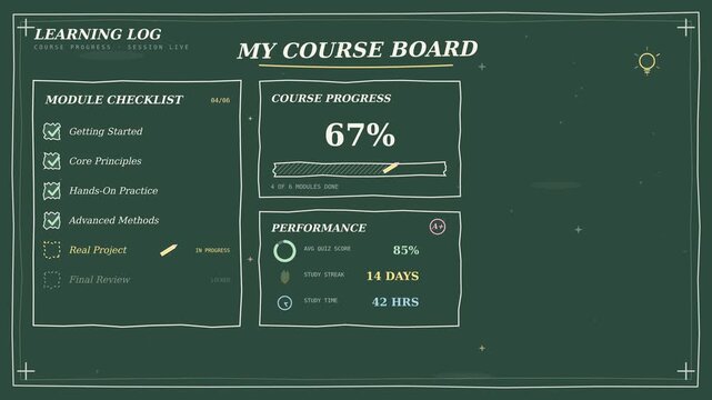 Online learning progress animation with course checklist, quiz score and study streak on green chalkboard in hand drawn chalk style