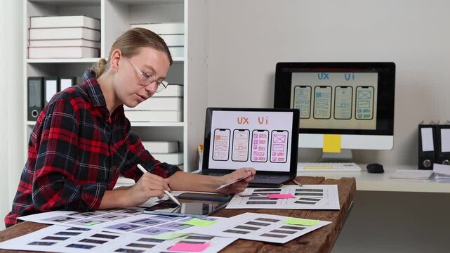 Creative ux ui designer developing a mobile application interface and creating a wireframe prototype for a smartphone screen while working on a project in the office