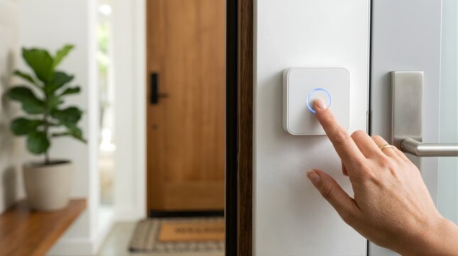 Person pressing smart home doorbell button on a wall near front door