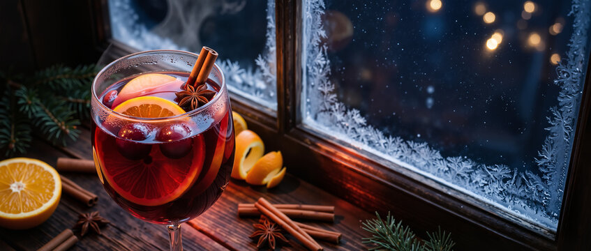 Deep ruby mulled wine in an elegant clear glass with orange and cinnamon beside a frosty winter window, cozy festive drink with warm lights and copy space