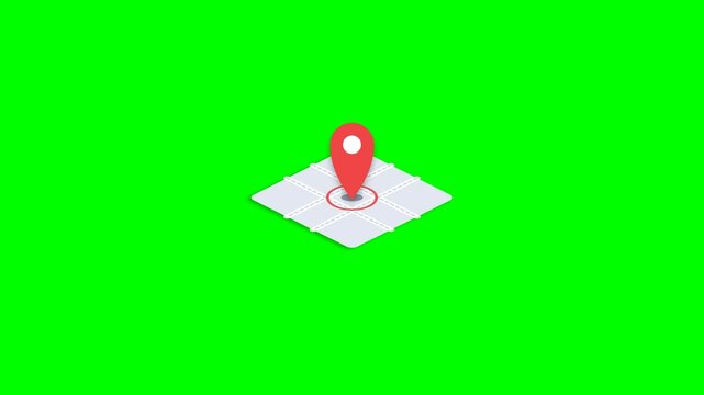 Motion graphic of a location pin dropping onto an isometric map grid, creating a ripple effect.