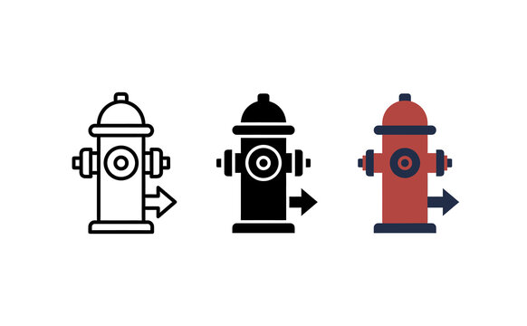 Fire hydrant vector icons set with outline, silhouette and flat styles