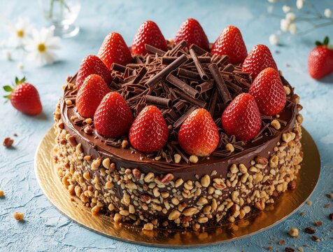 Chocolate cake with strawberries and nuts. Dessert decorated with fruit and chocolate curls on table. Sweet treat for any celebration ready to eat.