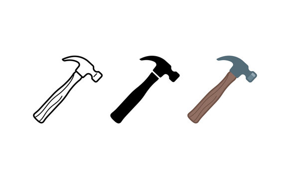 Hammer vector icon set showing outline silhouette and colored designs isolated