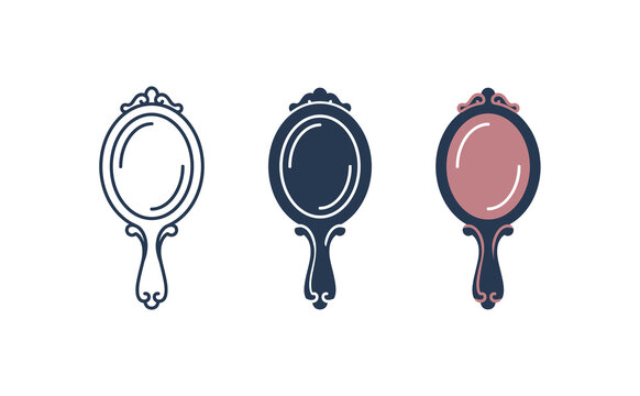 Hand mirror vector illustration set with vintage ornate handle and frame