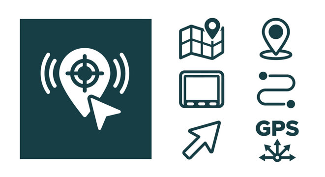 Minimal monochrome dark teal GPS navigation icon set featuring a map, pin, screen, route, and arrow icons. Flat vector SVG style on white background for web and app interface design.