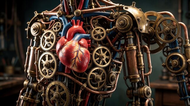Steampunk cyborg torso features realistic human heart integrated with brass gears, copper pipes. Complex mechanical anatomy shows clockwork engine inside robotic chest. Sci-fi biotech concept blends