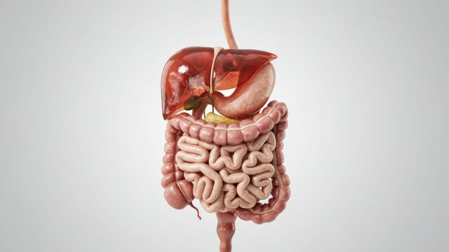 Human Digestive System Model, Detailed Anatomical Illustration, Showcasing Liver, Stomach, and Intestines