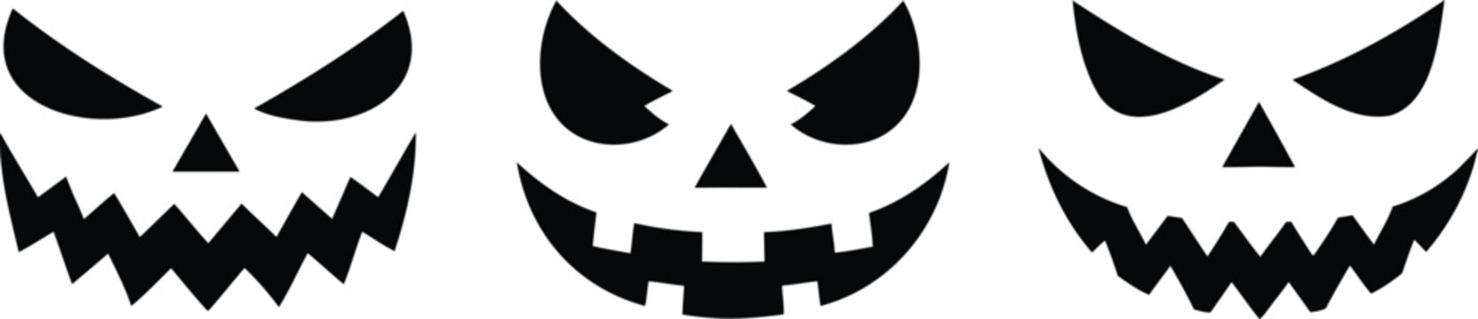 Spooky pumpkin faces vector silhouettes in black shapes for halloween party decor carved jack lantern.