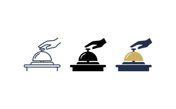 Hotel bell icon set vector design with hand pressing service desk bell