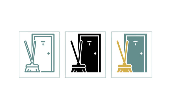 Housekeeping icon set featuring door and broom symbols in various styles