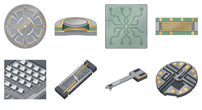 Isolated JPG illustration of a MEMS and micro-nanomanufacturing hardware icon pack, featuring comb drives, PMUTs, and microfluidic chips.