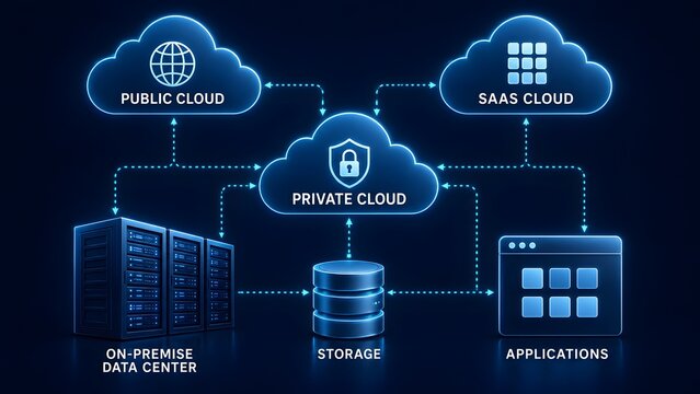 Hybrid cloud computing architecture diagram connecting on premise data centers with public and private cloud services