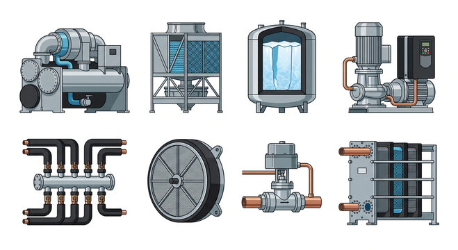 Isolated JPG illustration of an industrial district cooling and mega-HVAC icon pack, featuring centrifugal chillers, cooling towers, and thermal energy storage.