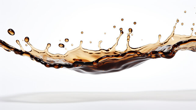 dark brown liquid splash with drop and bubble, fresh drink abstract.
