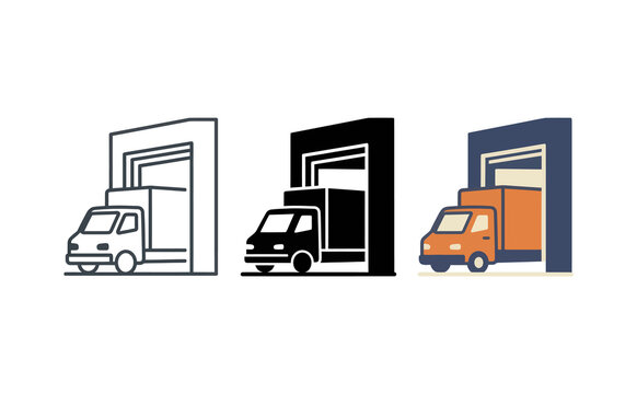 Delivery truck and warehouse loading dock vector illustration icons set