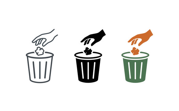 Recycling bin icon set vector illustration with throwing hand and paper
