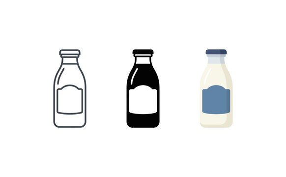 Milk bottle vector icon set featuring outline, solid and colored styles