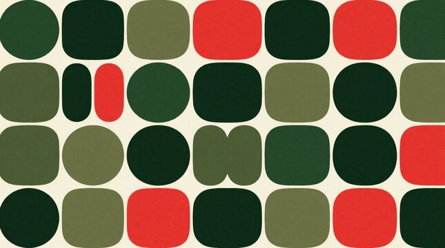 Abstract graphic pattern with rounded squares and circles in red green and beige. Retro 1960s style art for decor and design. Simple shapes repeat. Vintage aesthetic.