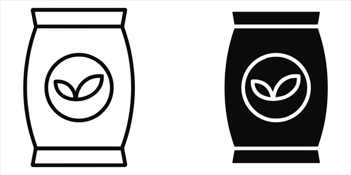 Two of a sack with a leaf symbol, one in black outline and one in solid black on white ground nature