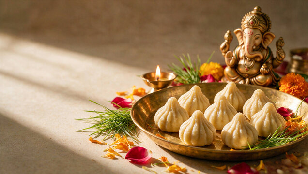 Ganesh Chaturthi Modak and Ganesha Image with Copy Space
