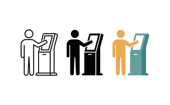 Kiosk icon vector set with a person interacting with touchscreen terminal