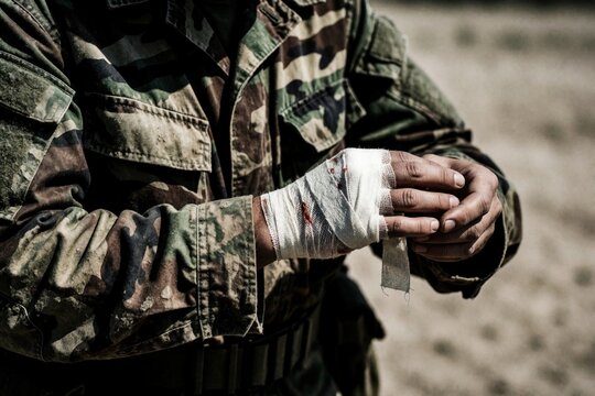 Soldier treats fellow soldier injury in camo uniform setting. Medic applies clean bandage to wound on field. Focus shows careful care and urgent support during service.