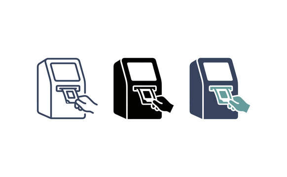 ATM machine vector icon set with hand inserting a banking transaction card