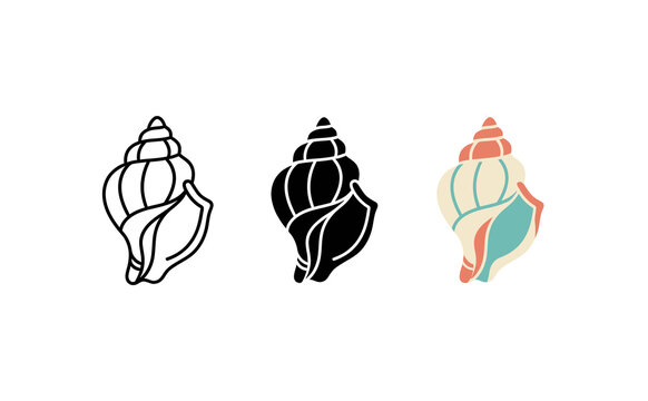 Seashell icon vector illustration set in outline, solid and color styles
