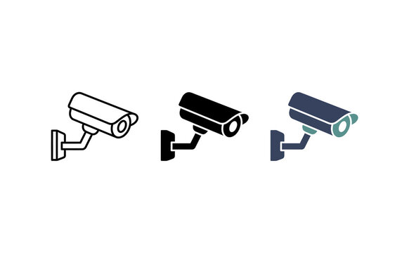 CCTV camera icons set in outline, solid, and colorful flat vector styles