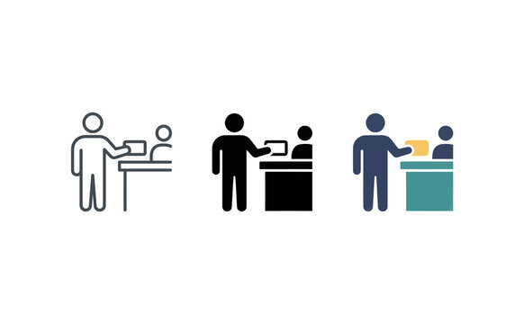 Reception desk vector icon set showing check-in and customer service
