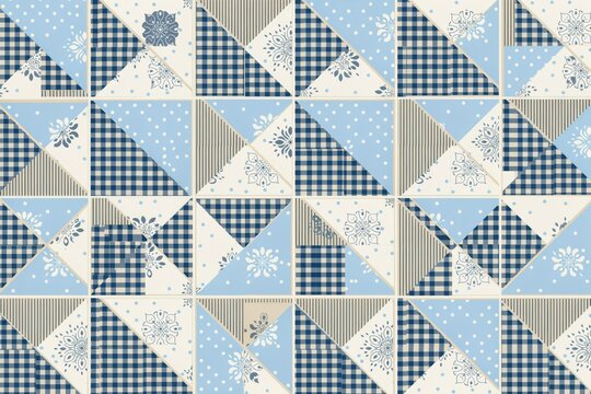 Seamless patchwork quilt pattern with blue and white fabric squares, gingham, polka dots, and floral prints in a traditional design
