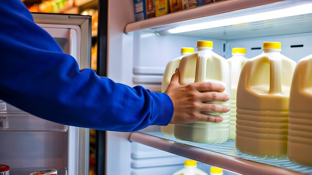 Hand selecting milk bottles from a refrigerated supermarket shelf