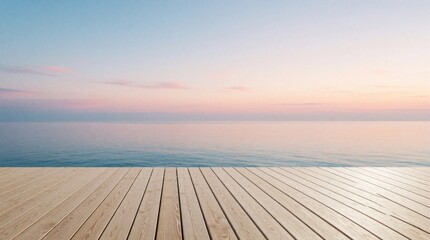 Obraz premium Wooden deck overlooks tranquil ocean during pastel sunset. Gentle waves lap shore under soft pink blue sky. Peaceful natural landscape invites relaxation and seaside escape.