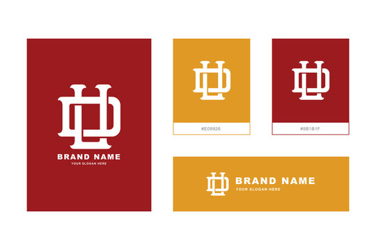 Interlocking letters UD or DU monogram logo for brand identity in maroon and gold color scheme