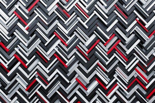 Abstract geometric background with a repeating herringbone pattern in black, white, and red, creating a modern 3d textured surface