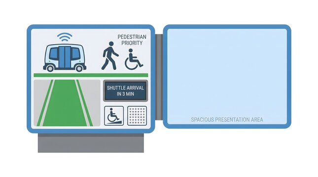 Digital information display for autonomous shuttle and pedestrian priority zone.
