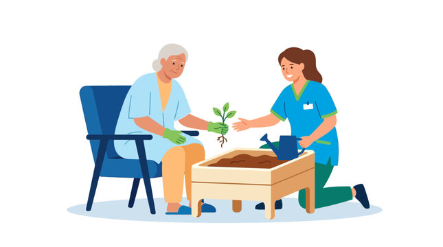 Elderly woman and caregiver planting a seedling in a garden bed