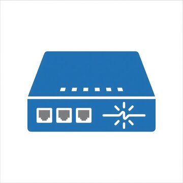 Blue network router icon with ethernet ports and signal pulse symbol.