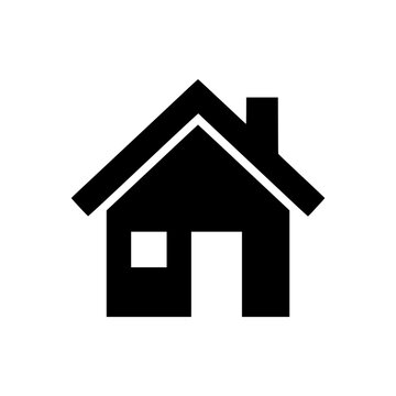 Minimalist black house icon with chimney and window.